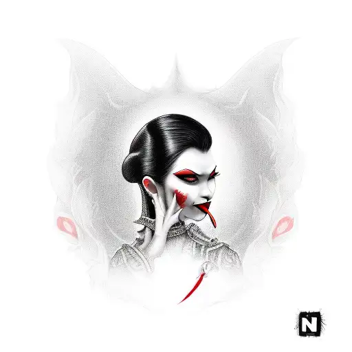 A traditional-style vampire woman with red lips and black hair, staring seductively tattoo design idea