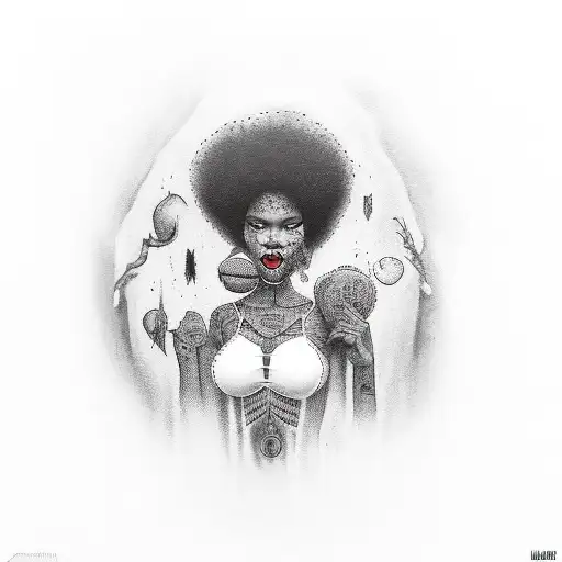 A black vampire woman with afro, red lips and black hair, staring seductively tattoo design idea