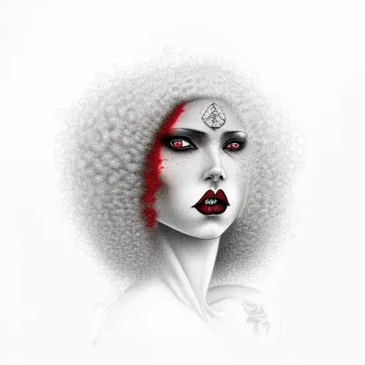 A vampire woman with curly afro, red lips and black hair, staring seductively tattoo design idea