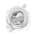 An ocean wave merging with a rainforest waterfall tattoo design idea