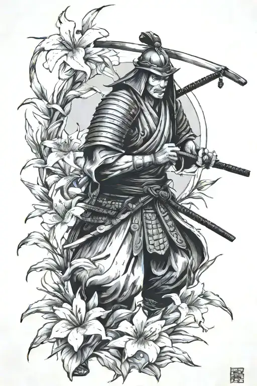 black and grey realism a samurai committi Seppuka in a battlefield of Japanese lilies and the Grim Reaper is behind him  tattoo design idea
