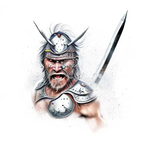 a weary but determined warrior emerging from the chaos of battle, symbolizing resilience and strength despite adversity. tattoo design idea