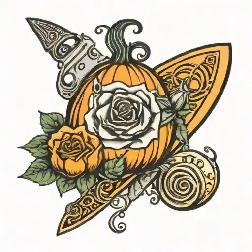 rose playing card and a chef knife in a pumkin crescent moon tattoo design idea