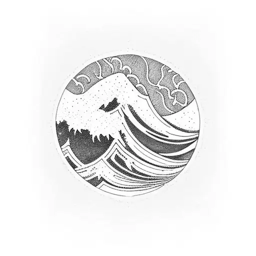 forearm sleeve of California waves near the wrist and the Rocky Mountains of tennessee as uo go up the arm tattoo design idea