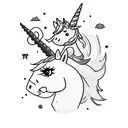 A Fortnite player riding a magical unicorn through a colorful pixelated landscape tattoo design idea