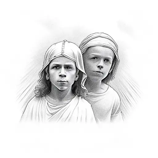 two young brothers in the road they grw up in there is a chirch on the far left side them the is jesus christ looking do tattoo design idea