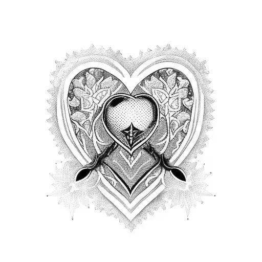 A blackwork design featuring a heart pierced by a sword and surrounded by roses tattoo design idea