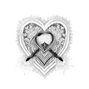A blackwork design featuring a heart pierced by a sword and surrounded by roses tattoo design idea