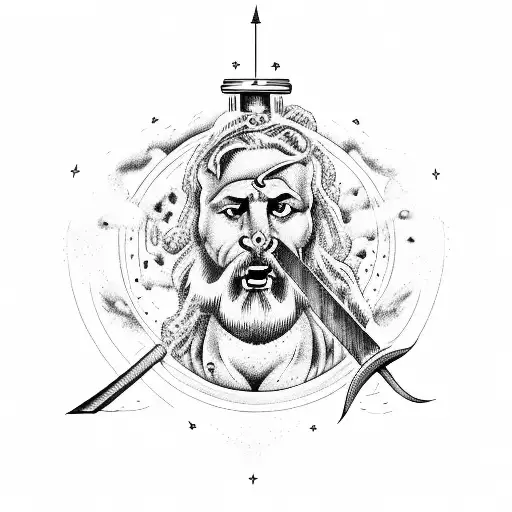 Zeus with outer space behind him and lightning coming from his axe tattoo design idea