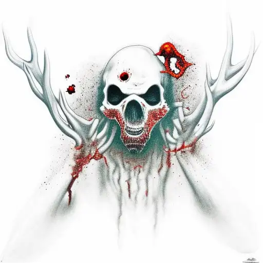 red deer Zombie surrounded Boy Autoknacker leaves and floral Motives tattoo design idea