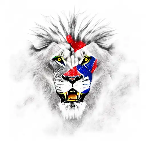 a roaring lion with a bald eagle flying above and a US flag made into face paint on the lion tattoo design idea