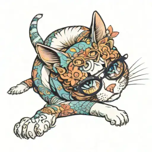 Cat lying down on her back wearing su glasses driving tattoo design idea