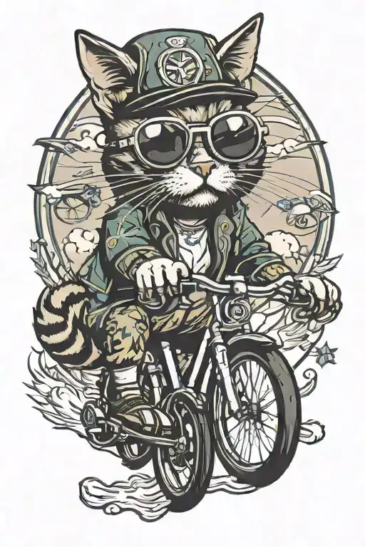Funny cat with sunglasses riding a bike tattoo design idea