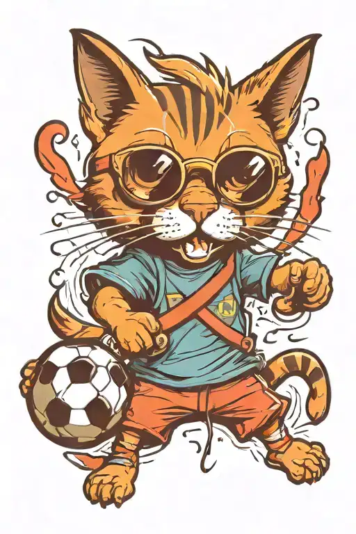 Funny cat with sunglasses playing soccer tattoo design idea