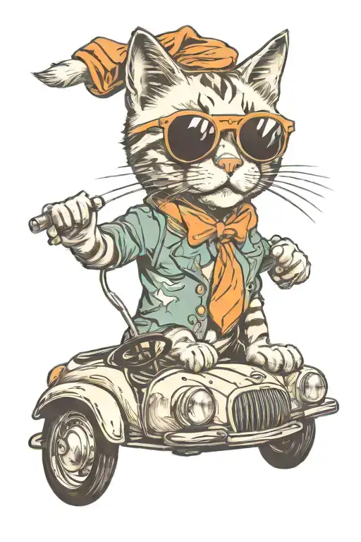 Funny cat with sunglasses driving a car tattoo design idea