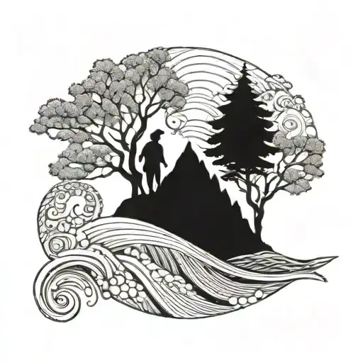 tree of life mountains ocean waves three children two boys one girl tattoo design idea