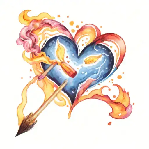 Two burning matches in the shape of a heart, which shimmer with fire in bright colors tattoo design idea