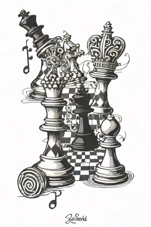 A chessboard with musical notes as chess pieces tattoo design idea