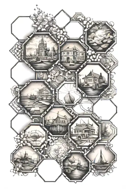 hexagon pattern incorporated with photo memories tattoo design idea
