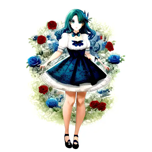 blue and green Butterfly with red roses and baby breath  tattoo design idea