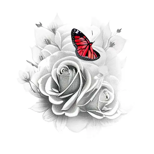 Butterfly with red roses and baby breath  tattoo design idea