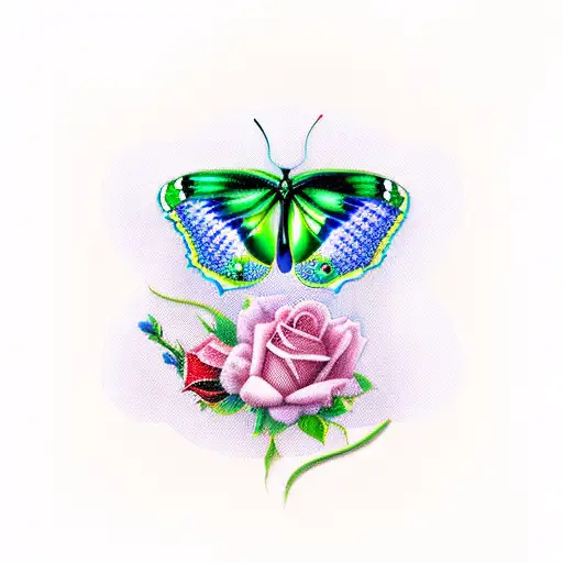 blue and green Butterfly with red roses and baby breath  tattoo design idea