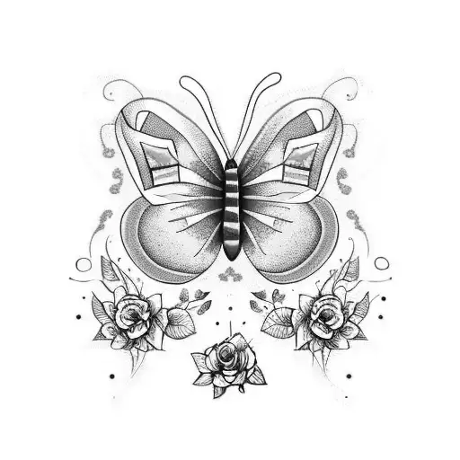 blue and green Butterfly with red roses and baby breath  tattoo design idea