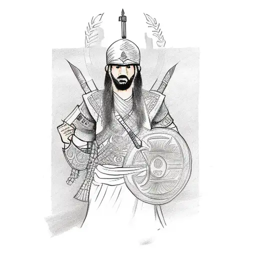A sketch-style tattoo depicting a Kurdish warrior holding a book with old literature symbols tattoo design idea