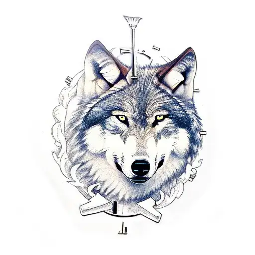 wolf with cross and clock half sleeve  tattoo design idea