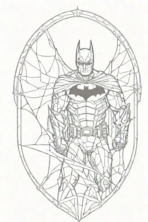 Batman infront of stained glass with bat symbol, bats flying off it  tattoo design idea