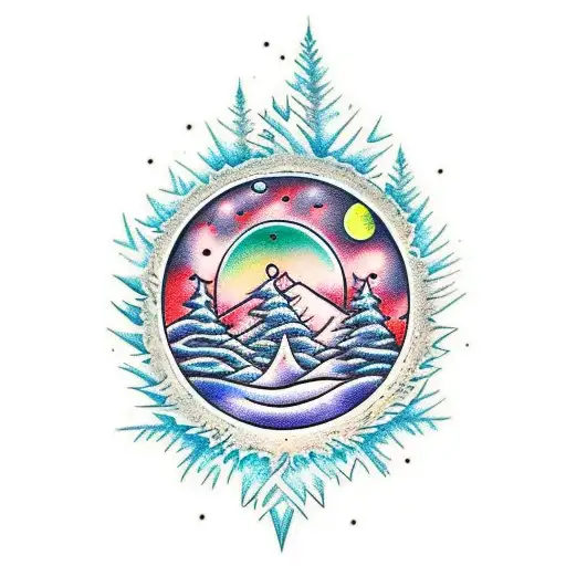 Winter Solstice, Trees, Crystals, Moon and Stars tattoo design idea