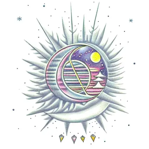 Winter Solstice, Trees, Crystals, Moon and Stars tattoo design idea