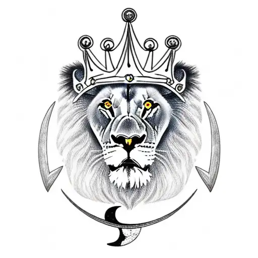 Lion with a crown, butterflies, anchor and moon 3D tattoo design idea
