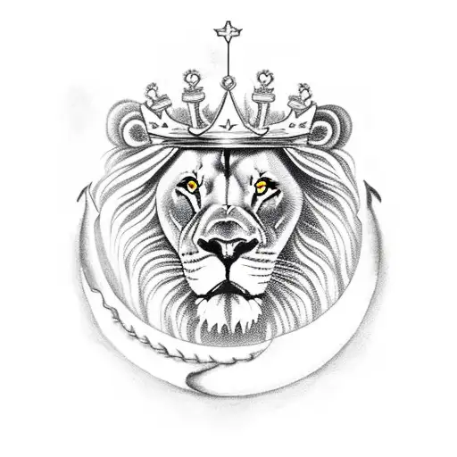 Lion with a crown, butterflies, anchor and moon 3D tattoo design idea