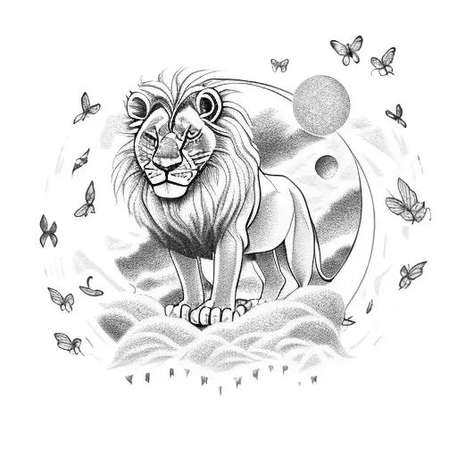 Lion king with butterflies arround, anchor and moon 3D tattoo design idea