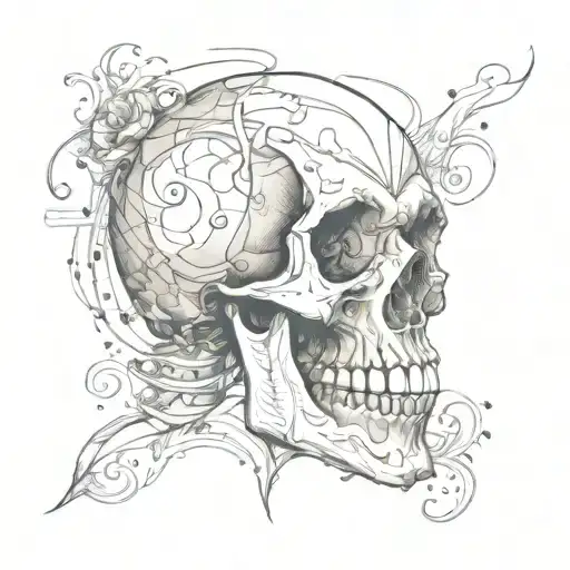 A skull surrounded by swirling patterns of fading memories and aging symbolism tattoo design idea