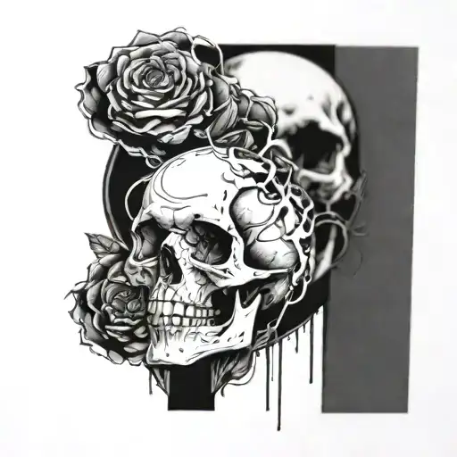 A skull split in half, one side pristine and the other half consumed by time tattoo design idea