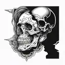 A skull split in half, one side pristine and the other half consumed by time tattoo design idea