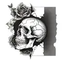 A skull split in half, one side pristine and the other half consumed by time tattoo design idea