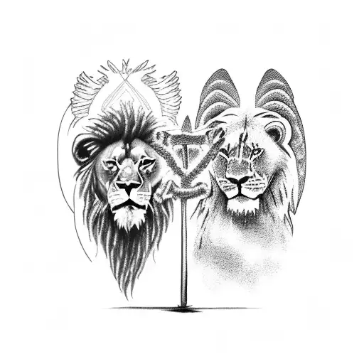 An angel and a lion standing side by side, with Jesus and Goliath in the background tattoo design idea