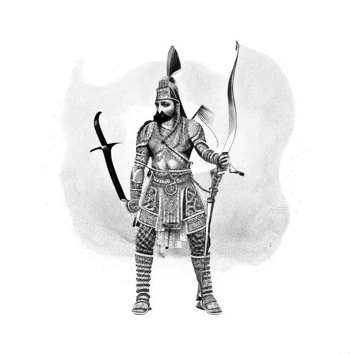full body of indian warrior with bow and sword tattoo design idea