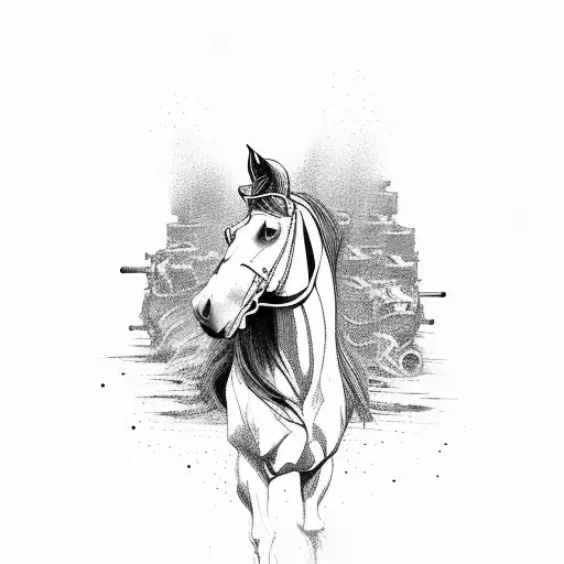 horse in war with tanks tattoo design idea