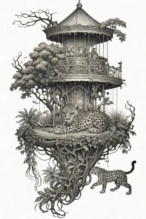 jungle scene, carousel , trees with vines, bushes with one leopard hiding in it tattoo design idea