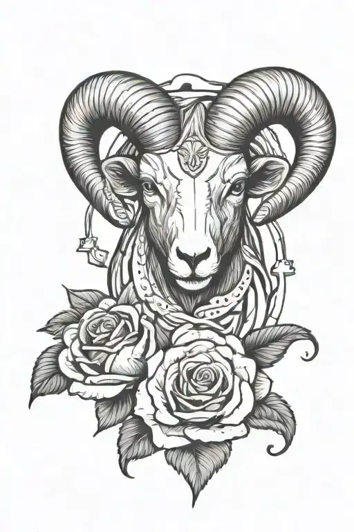 Ram head, roses, ace card, clock tattoo design idea