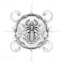 scorpio zodiac sign with starts along with a symbol representing a clam person tattoo design idea