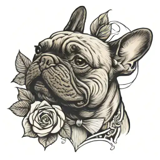 French bulldog with a rose in mouth open tattoo design idea