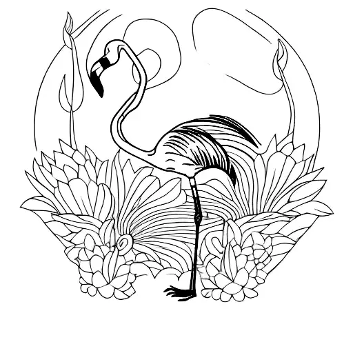 A tattoo of a flamingo doing a yoga pose with a serene garden backdrop tattoo design idea