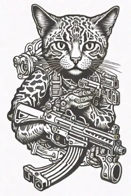 short hair cat holding a machine gun tattoo design idea