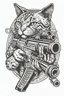 short hair cat holding a machine gun tattoo design idea