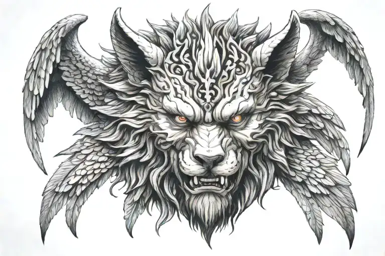 Giant lycanthrope head with demonic and angelic figure surround by wings  tattoo design idea